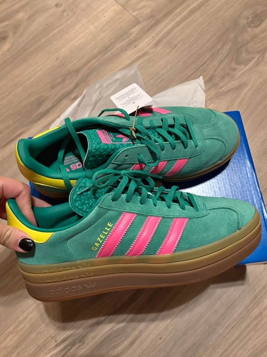adidas Shoes - adidas Gazelle Women’s Sneakers in Teal with Pink Stripes and Yellow Heel Tab